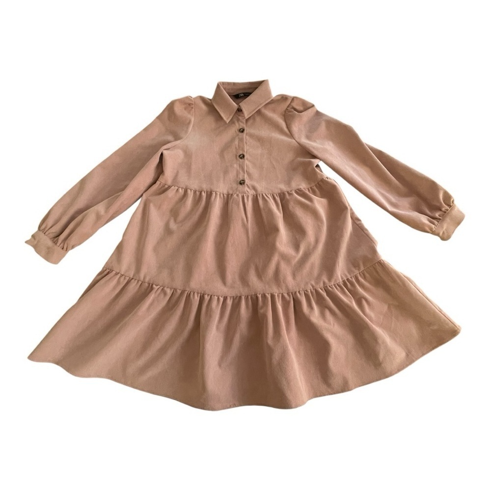 ZARA Pink Corduroy Babydoll Dress Size Small Tiered Casual Summer Spring Boho - Picture 2 of 11